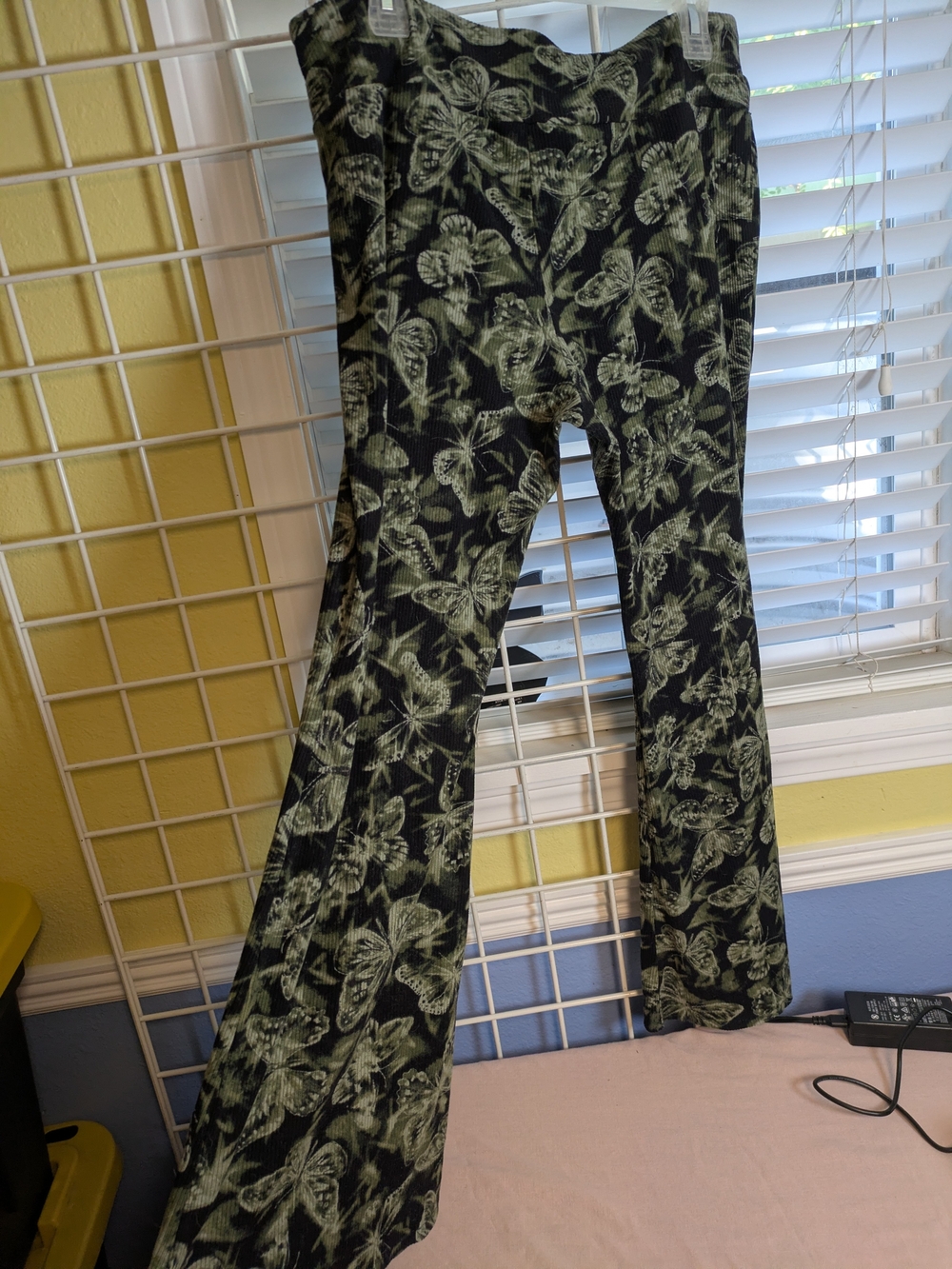 WhimsyGoth Dark FairyCore Butterfly Print Ribbed Flared Pants - Black & Green